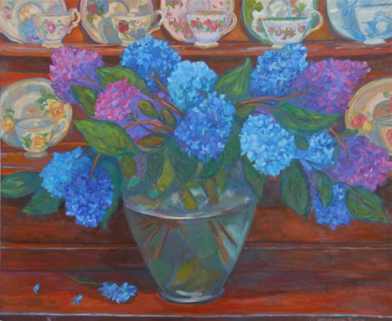 HYDRANGEAS AND TEACUPS OIL 30 X 28
